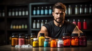 شخص يفحص زجاجات المكملات الغذائية على طاولة