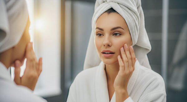 امرأة تطبق منتجات العناية بالبشرة على وجهها لتعكس مفهوم العناية بأنواع البشرة المختلفة