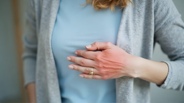 صورة توضح حالة الجلد المصابة بالإكزيما، تتميز بالاحمرار والجفاف على اليد.