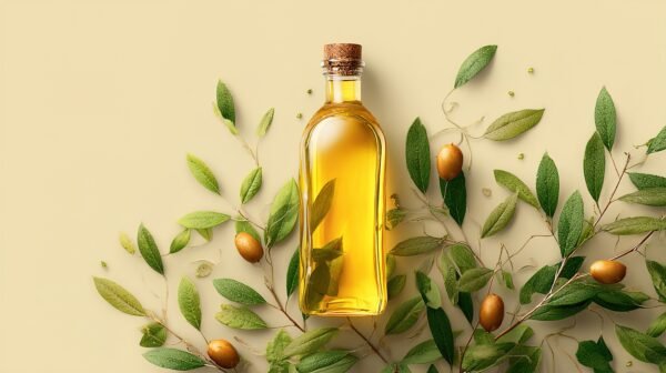 صورة تحتوي على أطعمة غنية بالدهون الصحية مثل زيت الزيتون والأفوكادو والمكسرات والأسماك الزيتية.